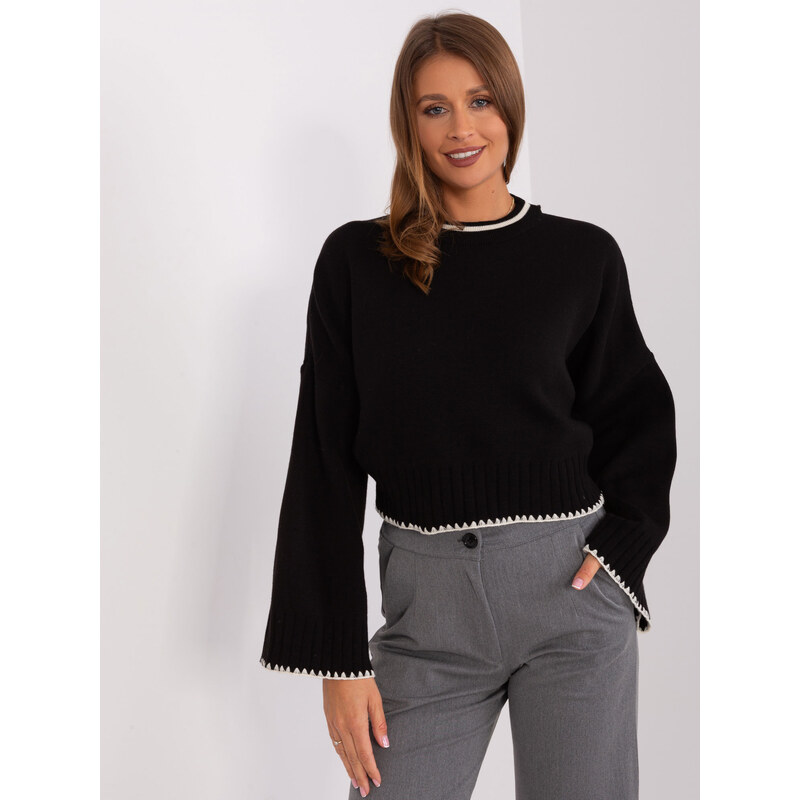 BASIC Černý crop svetr se širokými rukávy -black Černá 86596329