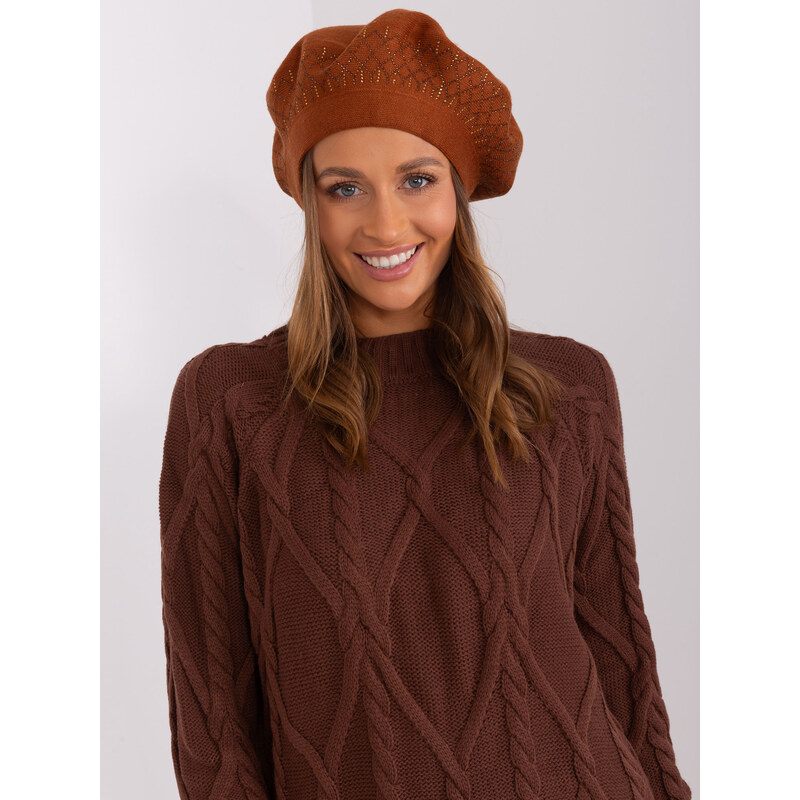 ITALY MODA Hnědý baret s kamínky -brown Hnědá 86596303