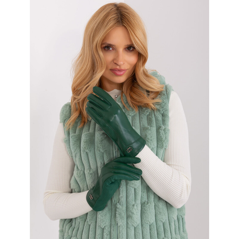 ITALY MODA Tmavě zelené koženkové rukavice -dark green Tmavě zelená 88469638