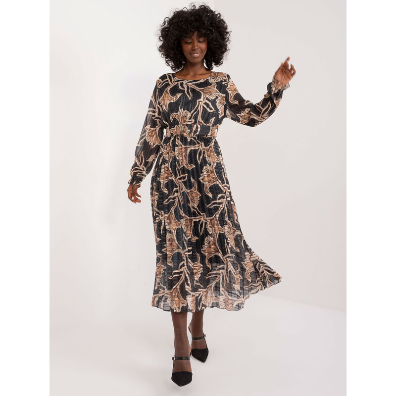 ITALY MODA Černo-zlaté vzorované midi šaty s páskem -black-beige