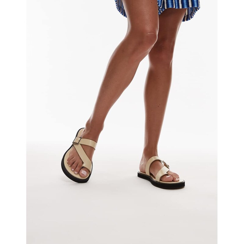 Topshop Premium Kimberley leather flat sandal in off white