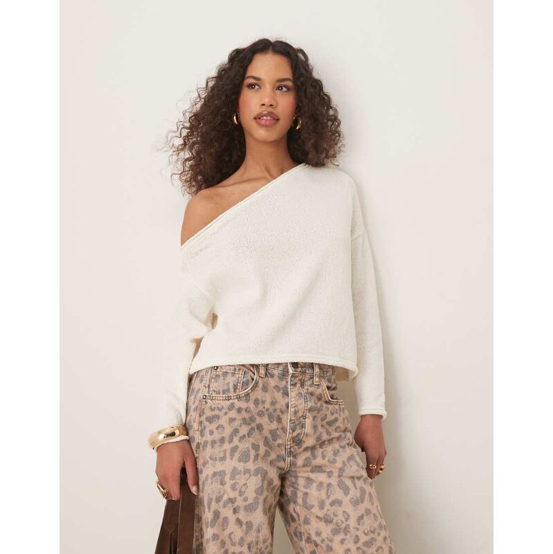 ASOS DESIGN knitted boucle one shoulder jumper in ecru-White 105376573
