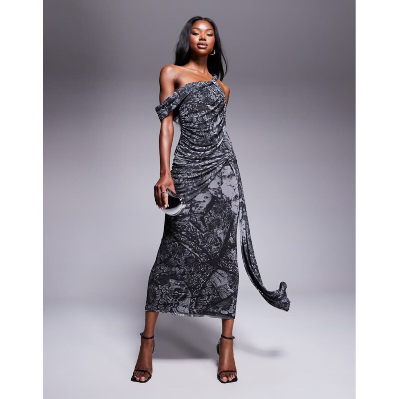 ASOS DESIGN mesh asymmetric off shoulder midi dress with hitched drape 105376545
