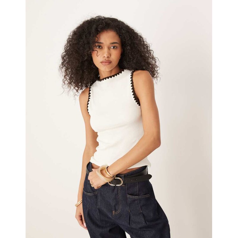 ASOS DESIGN boat neck tank with blanket stitch retail in cream-White 105376702
