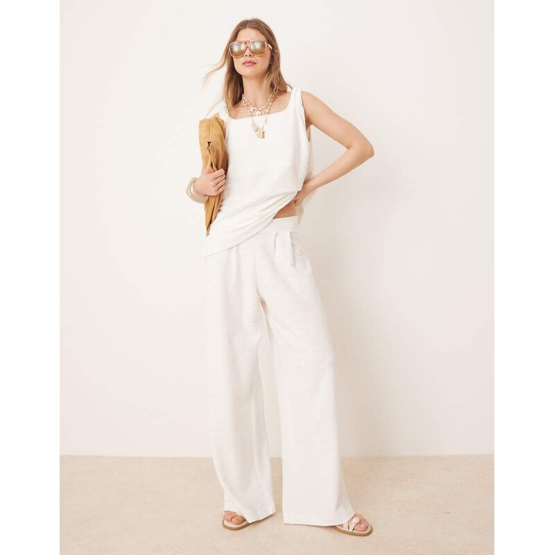 ASOS DESIGN pleat front wide leg trouser in white boucle jersey 105376625