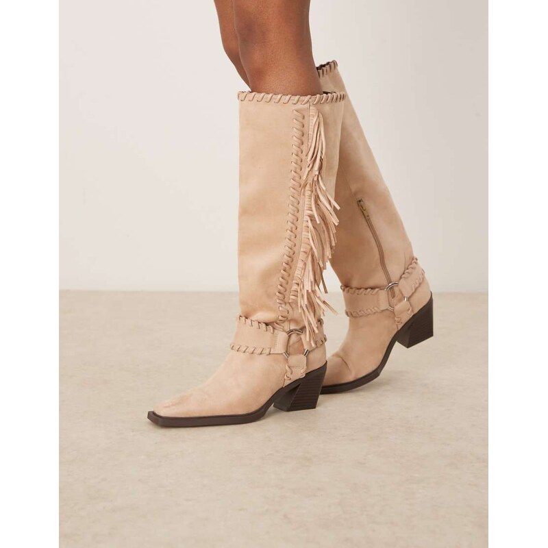 ASOS DESIGN Cristina western fringe knee boots in beige-Blonde 109589273