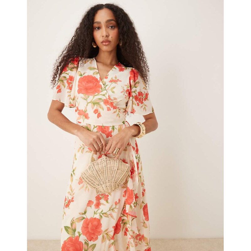 YAS wrap front fluted sleeve chiffon maxi dress in cream rose print 105376528