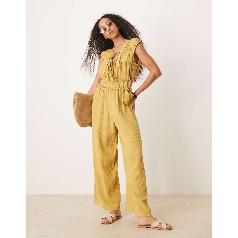 ASOS DESIGN double cloth gathered bust jumpsuit in taupe-Neutral