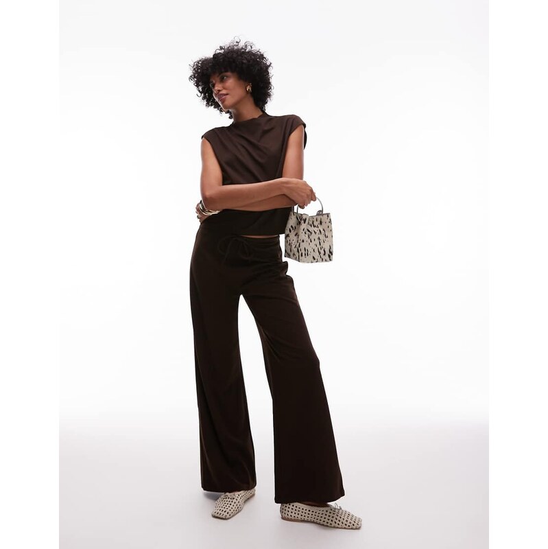 Mango tie waist wide leg polyamide trouser co-ord in chocolate-Brown 105383732