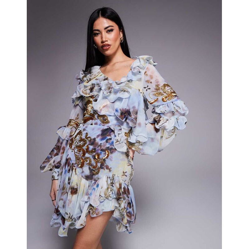 ASOS LUXE organza and chiffon printed asymmetrical mini dress with 105383800