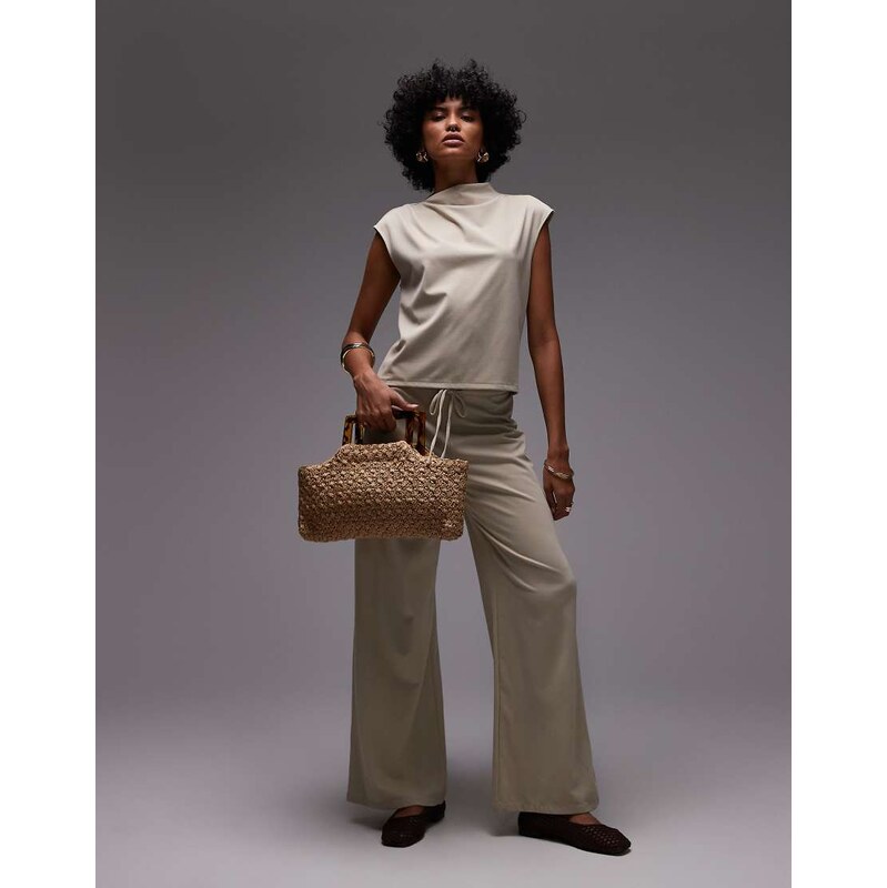Mango tie waist wide leg polyamide trouser co-ord in beige-Neutral 105454790