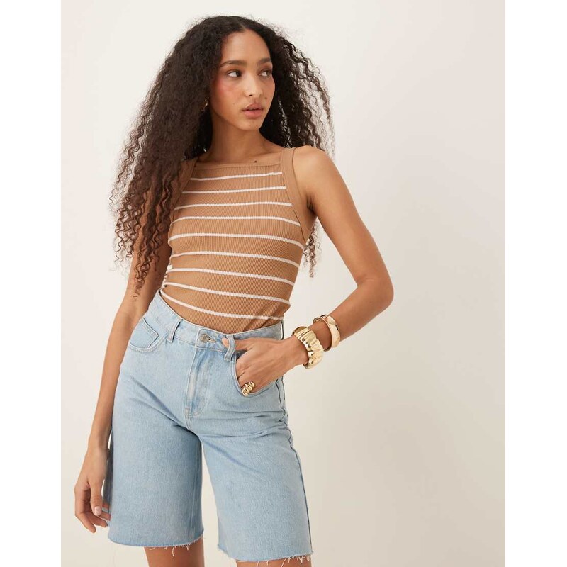 ASOS DESIGN seamless sculpting square neck top in camel stripe-Multi 105387006
