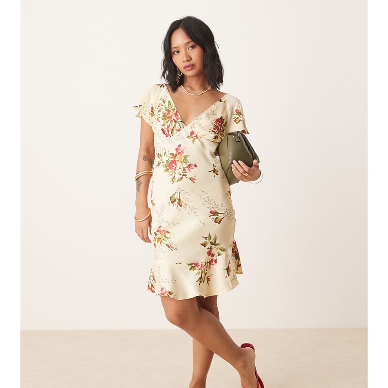 ASOS Petite ASOS DESIGN Petite flutter sleeve mini dress in floral 115510239