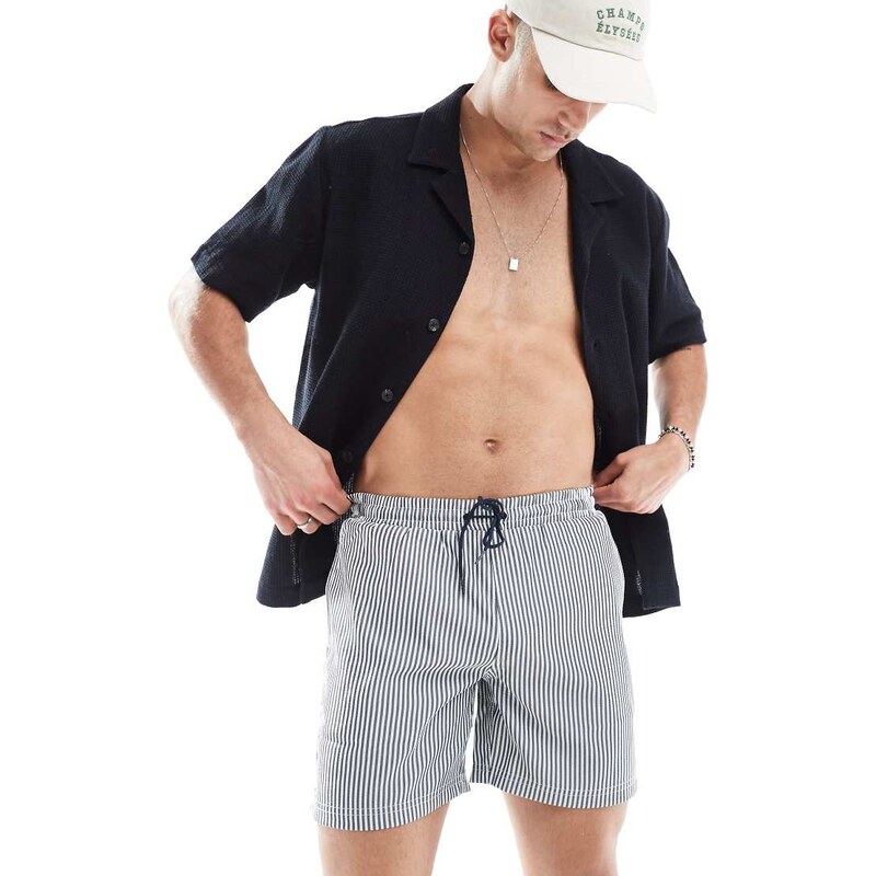 Farah Colbert seersucker stripe swim shorts in navy and white