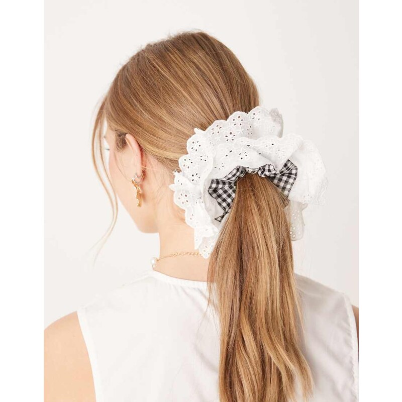 ASOS DESIGN scrunchie with gingham and broderie frill detail-Multi 105387083