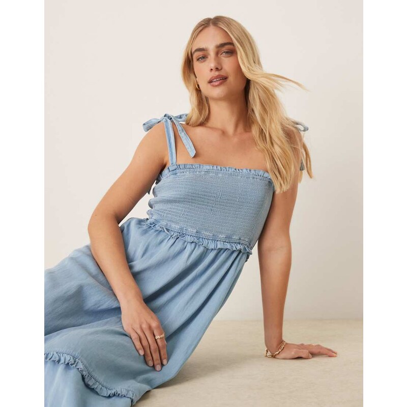 YAS tie shoulder chambray denim midi dress with shirred bust in blue 105387243
