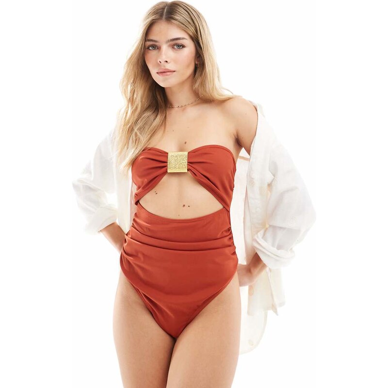 4th & Reckless bandeau gold hardware cutout detail swimsuit in coral 105387246