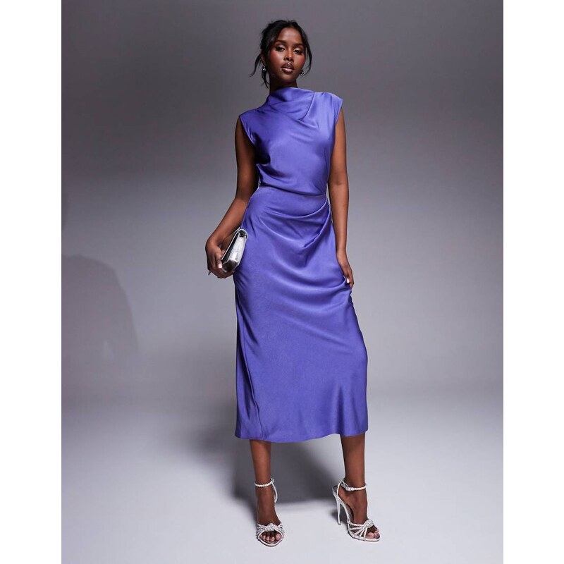 ASOS DESIGN satin high neck pleated bodice midi dress in