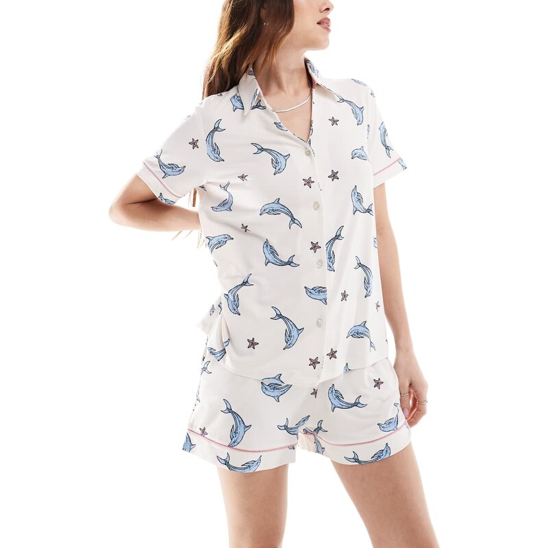 Chelsea Peers poly short sleeve revere and short set in dolphin print 105518446