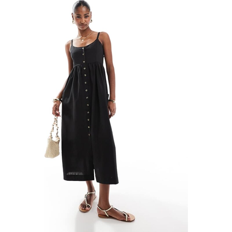 Brave Soul strappy button through midi dress in black 105597942