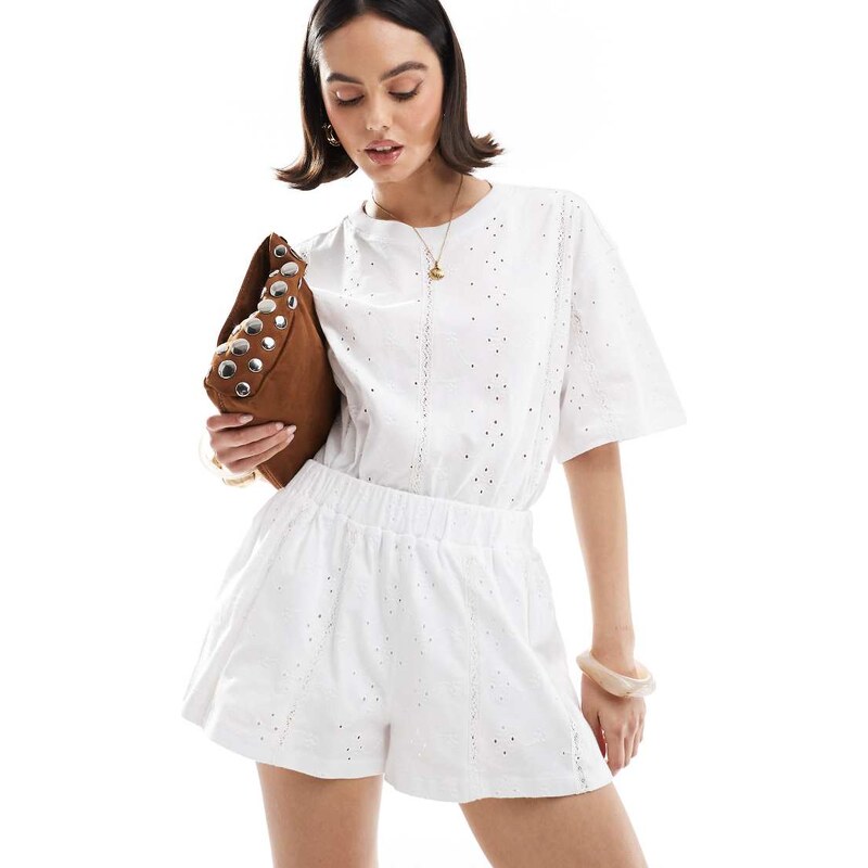 ASOS DESIGN broderie tie waist shorts with lace trim inserts in