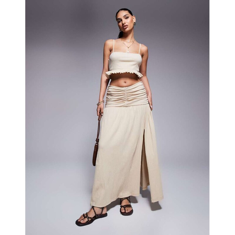 ASOS DESIGN crinkle drop waist maxi skirt in stone-Neutral