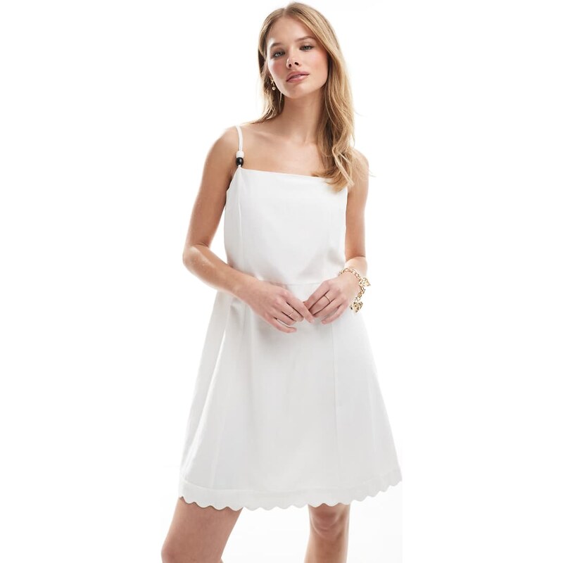 French Connection linen mini dress with scalloped hem in white 105607831