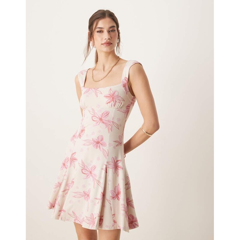 ASOS DESIGN square neck godet mini dress in pink ditsy print