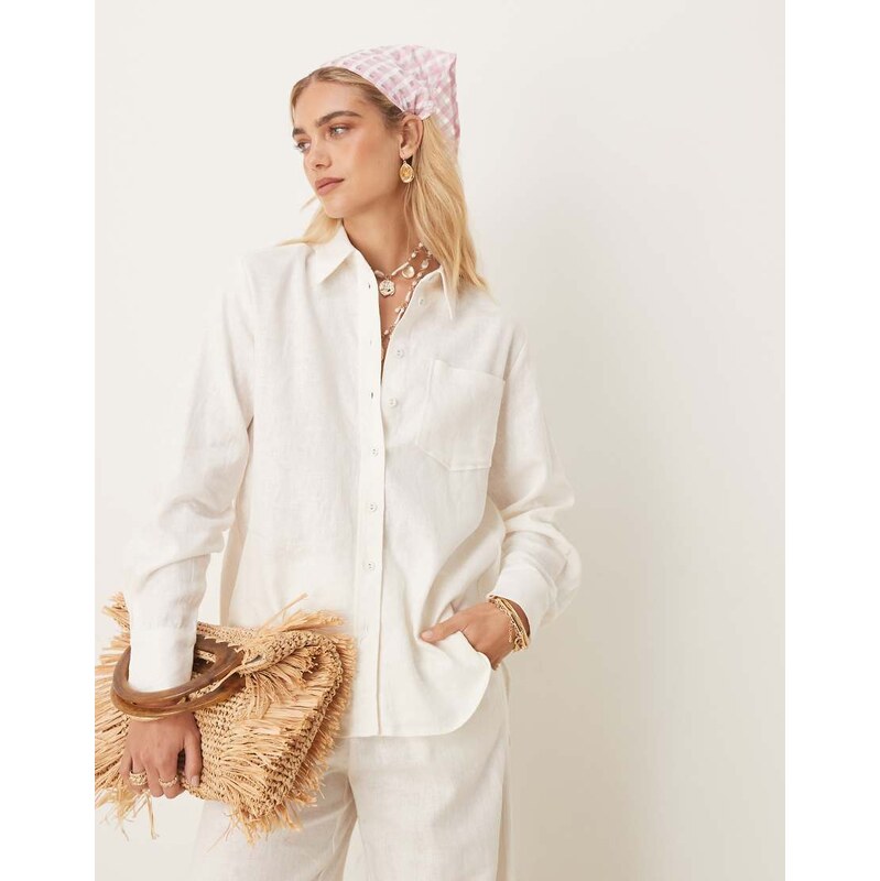 YAS linen touch oversized shirt co-ord in white