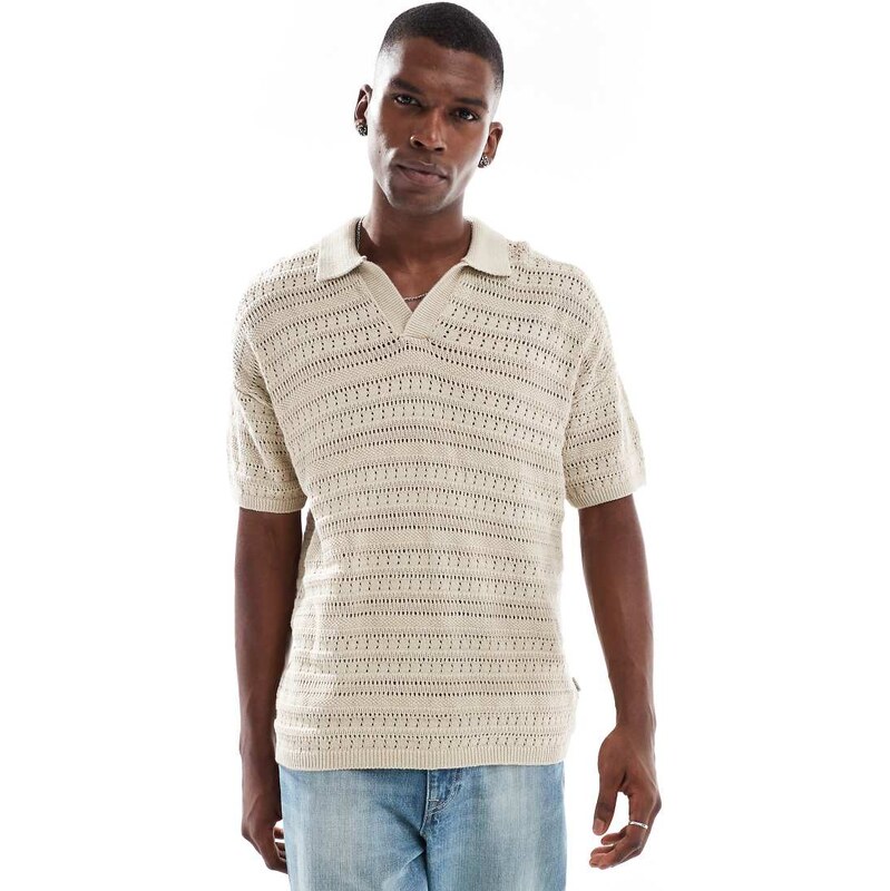 ONLY & SONS drop shoulder open knit split neck polo in beige
