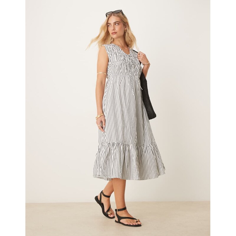 YAS sleeveless plunge poplin midi dress in black and white stripe 105389589