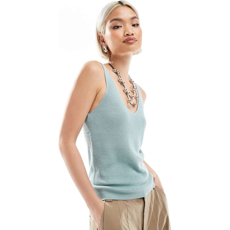 Vero Moda ribbed knit v neck cami top in grey mist