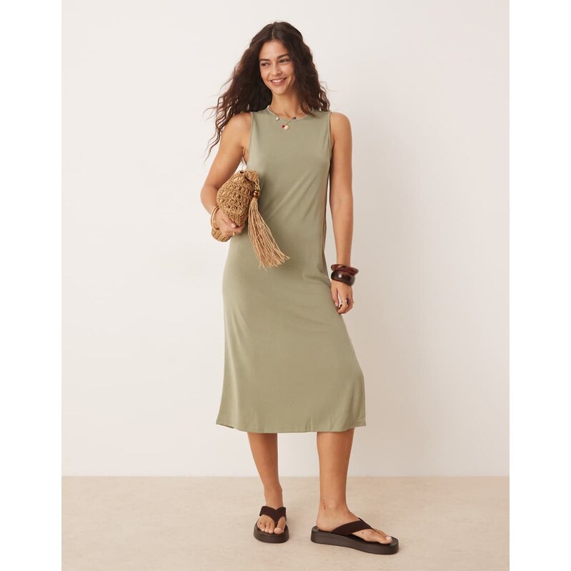 Vila sleeveless jersey midi dress in oil green