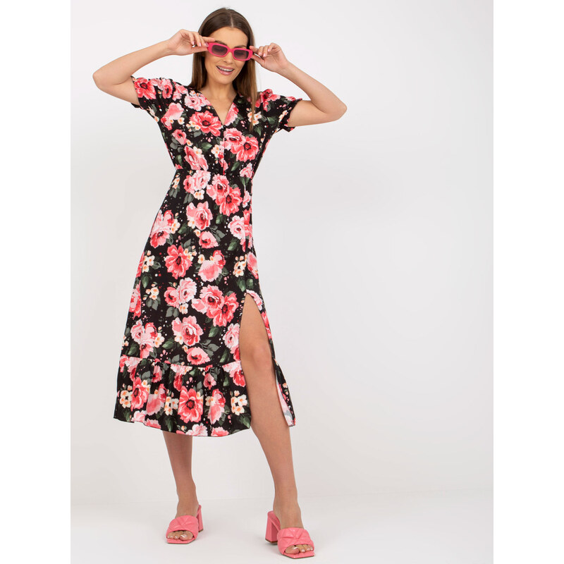 ITALY MODA Černo-červené květované midi šaty --black-red
