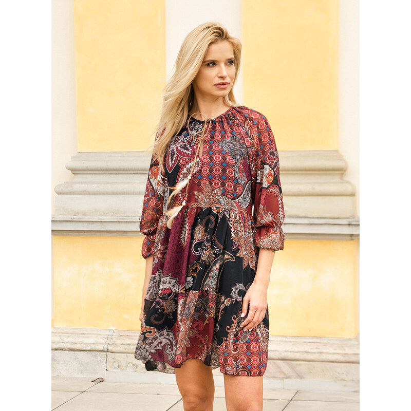 Resti Patterned burgundy short dress - Clothing 108140043