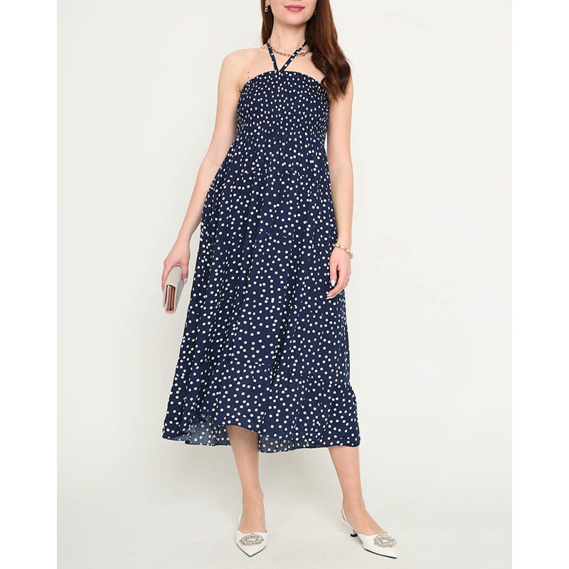 Resti Navy blue ladies midi dress with polka dots - Clothing 108139962
