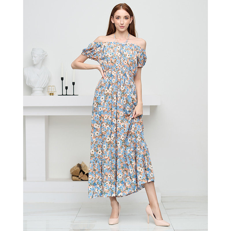 Resti Long orange summer dress for women with blue flowers -
