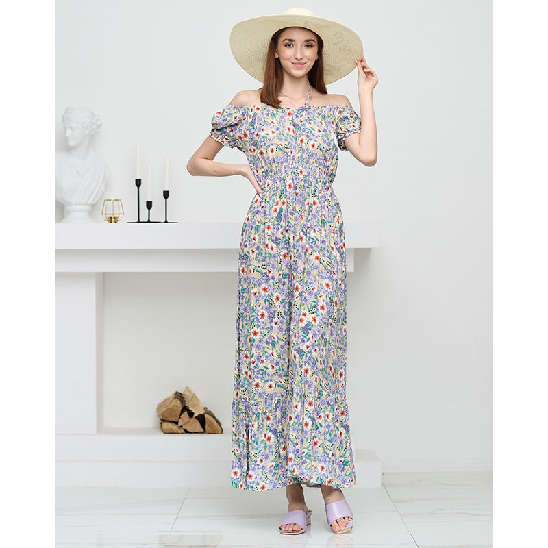 Resti Long summer green dress for women with purple flowers -