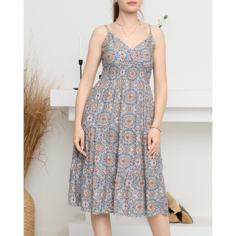 Resti Beige and blue womens summer dress with print - Clothing
