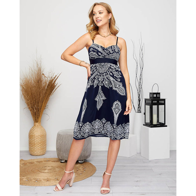 Resti Patterned womens short dress in navy blue - Clothing 108140025