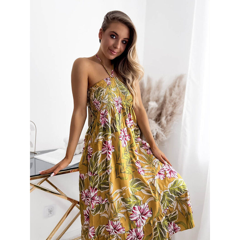Resti Yellow womens midi dress with floral pattern - Clothing 108140032