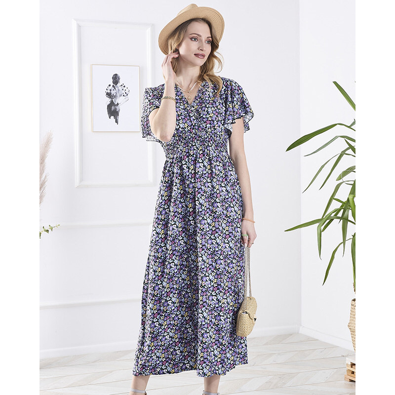 Resti Womens black long dress with purple flowers - Clothing 108139978