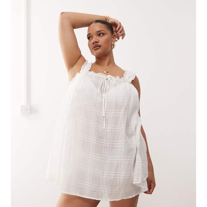 COLLUSION Plus check swing beach dress in white 105602892