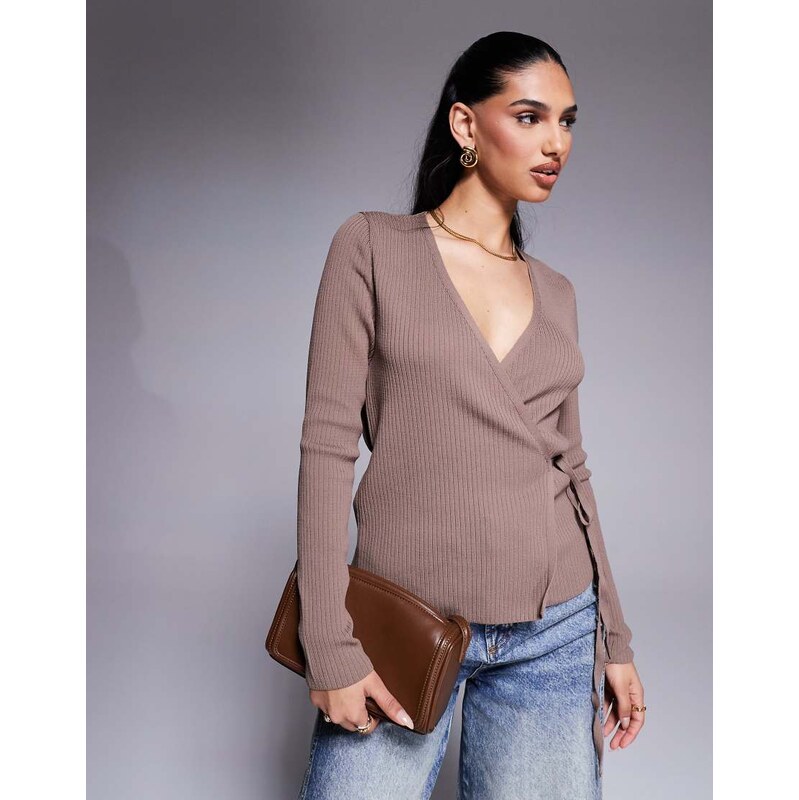 ASOS DESIGN knitted wrap cardigan in mocha-Brown 105404511