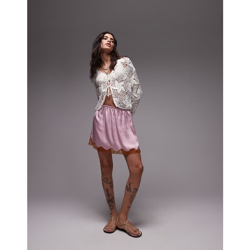 Topshop satin lace petticoat skirt with contrast lace in pink