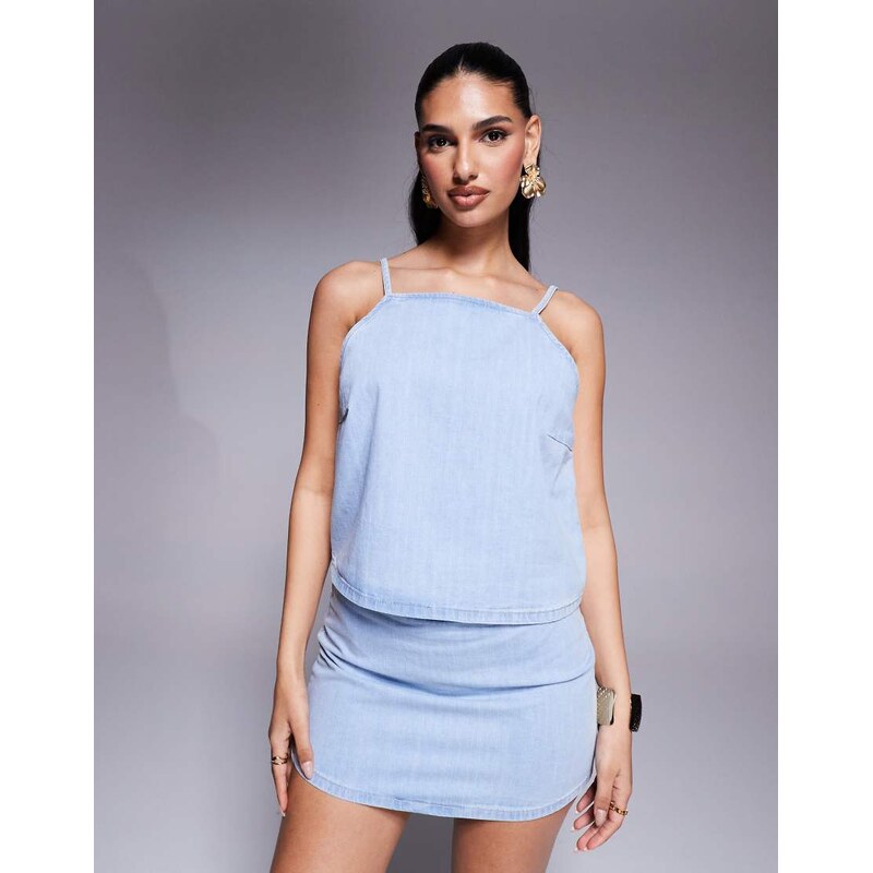 ASOS DESIGN denim strappy top co-ord in bleach wash-Blue 105404701
