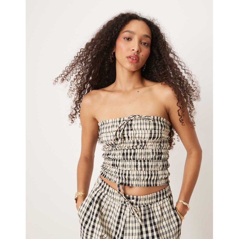 Brave Soul Co-ord shirred bandeau top in check design-Neutral 105642847
