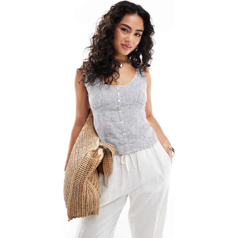 Hollister low neckline linen button through vest in blue stripe 105412083