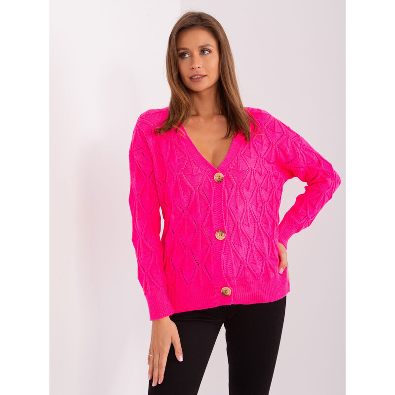 BASIC Neonově růžový svetr na knoflíky s výstřihem do V -fluo pink 86710089