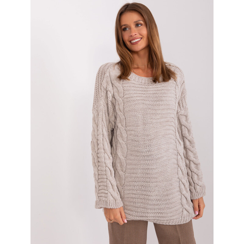 BASIC Béžový svetr s copánkovým vzorem -beige Béžová 86728363